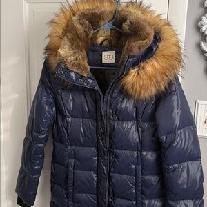 Kids S13 Navy Blue Puffer Jacket with Faux Fur Hood